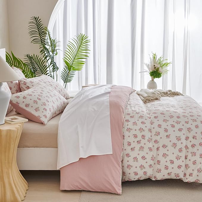 Flower King Comforter Set Soft 3 Pieces Chic Crinkle Gauze Fabric Garden Style Floral Print Botanical Comforter for All Seasons Luxury Warmth Comfy Breathable with 2 Pillowcases