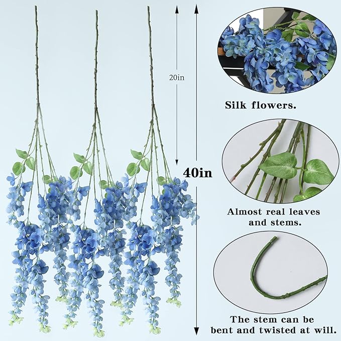 Dailisen 3 Strands 40'' Silk Blue Wisteria Artificial Flowers, Fake Wisteria Floral Hanging Plant Garland, for Home Decor, Party, Floor Vase, Balcony, Wedding Arrangement Decoration (Blue)