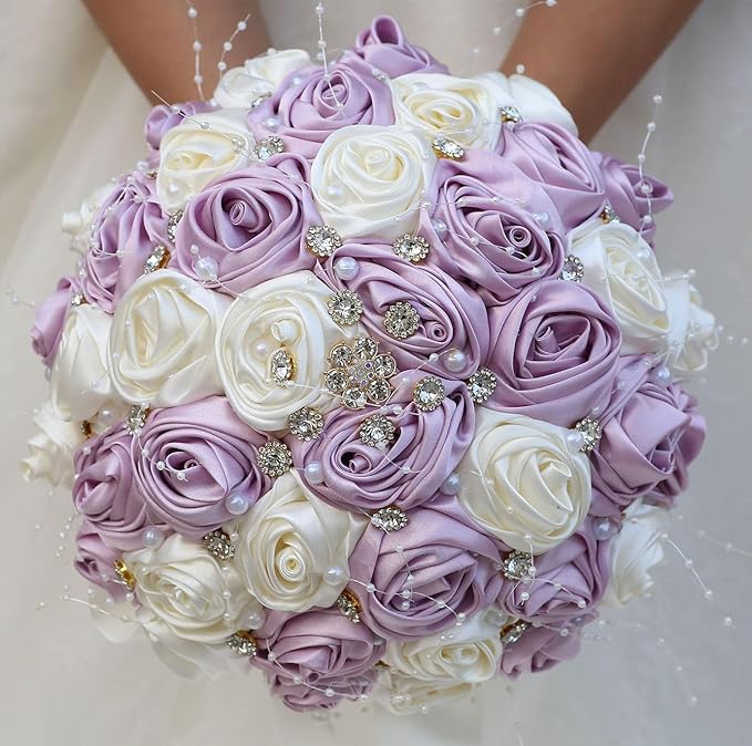 Bridal Wedding Bouquet Round Bling Brooch Bouquet Throw Toss Artificial Rose Flower Bunch for Bride Bridesmaid Wedding Quinceanera(Light Taro Purple & Ivory, 9.8")