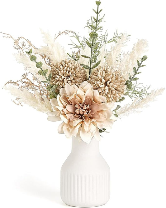 Mkono Small Artificial Flowers in Ceramic Vase 13.5" Centerpieces Coffee Table Decor, Silk Flower Arrangements for Home Decor Indoor Fake Flower Bouquet for Bathroom Dining Room Kitchen Wedding Brown
