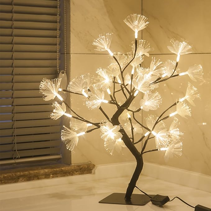 Drawelry Fiber Optic Flower Tree Lamp - 48 LED Table Night Light USB Powered Artificial Flower Bonsai Tree Lamp Bedroom Living Room Decor Valentine's Day Birthday Gift for Women Girls Mother (Pink)