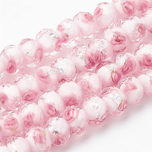 PH PandaHall 45pcs 11~12mm Pink Rose Lampwork Glass Beads Silver Foil Glass Flower Beads Floral Handmade Lampwork Bead with 1.6~2mm Hole Round Loose Bead for Rosary Making Jewelry Craft Making
