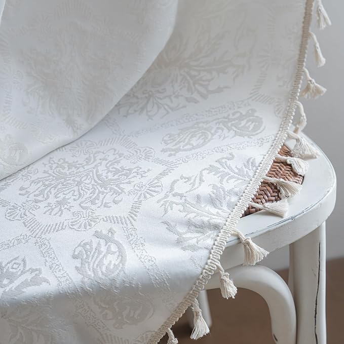 ENJOYBRIDAL Cream Damask 63 Inch Curtains for Living Room Farmhouse Drapes Semi Sheer Medallion Patterned Short Window Curtain Panels Bedroom Jacquard Rod Pocket 2 Panels Dining Room Window Treatments