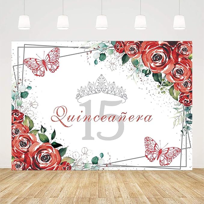 Sendy 7x5ft Quinceañera Backdrop Mis Quince 15 Anos Birthday Party Decoration Supplies for Girl Princess Red Floral Flower Butterfly Silver Crown Photography Background Photo Booth Studio Props