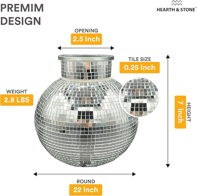 Disco Ball Planter | 7” Disco Ball Vase for Flowers & Plants | Handmade Silver Square Small Mirrors Center Piece | Disco Ball Plant Holder Silver