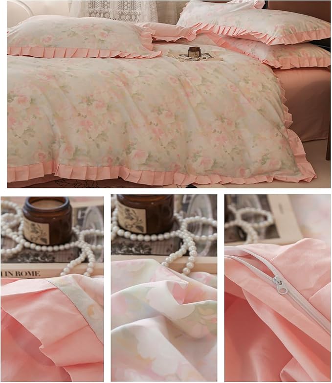 Pink Ruffle Duvet Cover Set Queen 100% Cotton Vintage Floral Comforter Cover Girls Flower Duvet Cover Romantic Princess Bedding Lace Comforter Cover with Zipper Ties Breathable Floral Bedding Queen