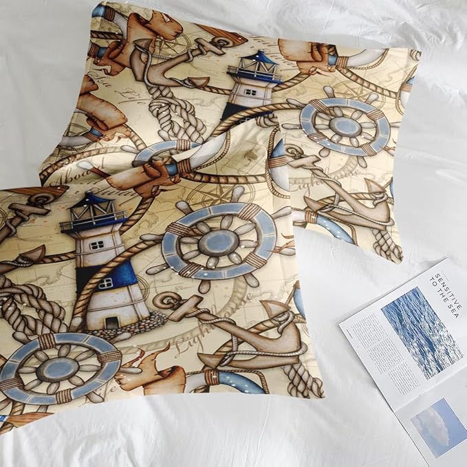 Comforter Set Twin Size, Retro Nautical Lighthouse Map 5 Pcs Bedding for Kids and Adults, Vintage Anchor Beige Bed Sheet Sets with Fitted Sheet Pillowcase & Sham for Bedroom Bed Decor