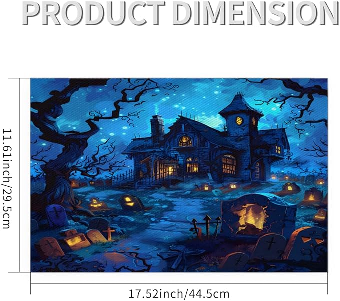 Halloween Castle Scary Blue Placemats Set of 1 PVC Vinyl Non Slip Table Mats Heat Resistant Place Mats Washable Wipeable Dining Table Mat for Kitchen Decor Party Indoor Outdoor Decorative Gift