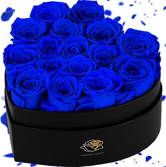 16-Piece Forever Flowers Heart-Shaped Box – Real Immortal Preserved Roses Lasting a Year, Perfect for Birthday, Girlfriend, Mother, or Wife, Valentine Day Gift for Her - Blue