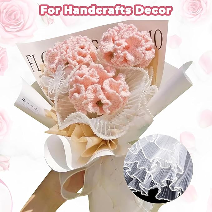 Cftone 4 Yards Pearl Edge Flower Wrapping Mesh Paper with 3/5 inch Organza Ribbon 50 Yard Gift Wrap Ribbon, Bouquet Transparent Mesh Wrapping Paper for Mother's Day Valentine's Day Wedding Graduation Birthday Gift (White with 50 Yard White Ribbon)