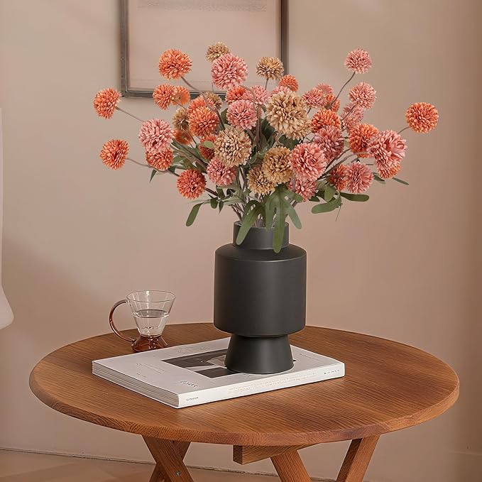 Geegoods 10 Stems Silk Pompon Mum Artificial Flowers with 2 Eucalyptus – 21’’ Long Stem Faux Chrysanthemums for Vase Arrangements, Rustic Farmhouse Fall Centerpieces & Autumn Décor
