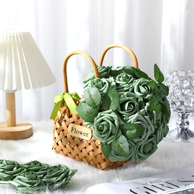 100 Pieces Artificial Foam Rose Flowers Faux Bouquet with Leaves and Stems for DIY Wedding Bouquets Centerpieces Bridal Shower Party Valentine Home Decorations(Elf Green)