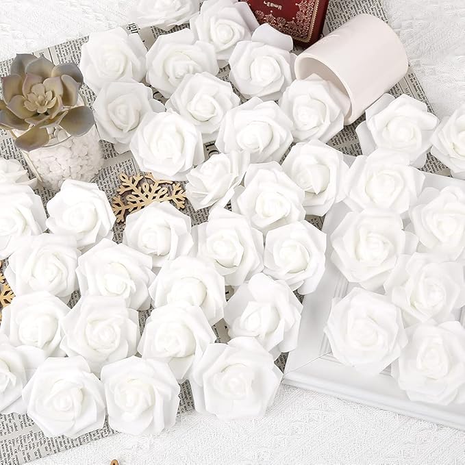Artificial Rose Flower Heads, 100pcs White Foam Roses Artificial Flower Heads Fake Rose for DIY Wedding Bouquets Centerpieces Arrangements Party Baby Shower Home Decor (Stemless,White)