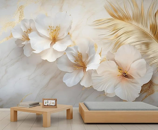 White Flowers Marble Wall Mural, Luxury Floral 3D Wall Murals, Elegant Gold Leaf Design Wallpaper Mural, for Living Room Bedroom Large Wallpaper Indoor Decor 118" W x 82.6 "H