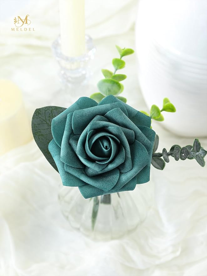 Meldel Artificial Flower 25pcs Real Touch Peacock Green Fake Foam Roses with Stems for DIY Wedding Bouquets Gifts Bridal Shower Faux Floral Centerpieces Arrangements Home Party Tables Decorations