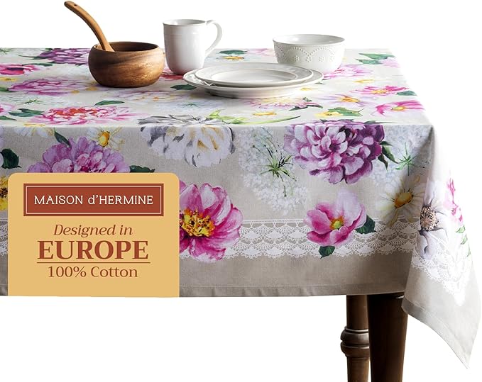 Maison d' Hermine Table Cloth Square Table 100% Cotton 60 x 60 Inches Tablecloth Reusable Decorative Everyday Use for Dining Room, Farmhouse, Home, Party, Festive & Wedding Spring Summer - Pivoine