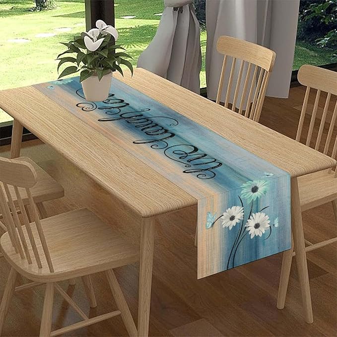 Daisy Table Runner, Vintage Blue Style Wild Flower Table Decor for Home Kitchen Dining Patio Holiday Party Indoor Outdoor Table Decorations 13x72 inch