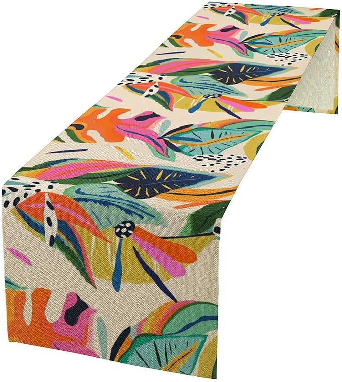 Colorful Flower Table Runner,Abstract Flower Blossom Botanical Pattern Print Tablecloth Burlap for Hotel Indoors Outdoor Dining Room Kitchen Table Decor, 13x90in