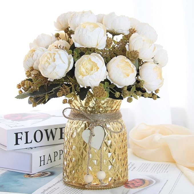 Fake Flowers in Vase,Fake Flowers with Vase 21 Pcs Faux Peony Flowers,Artificial Flowers for Home Decor, Indoor Centerpiece for Living Room & Dining Table (White)