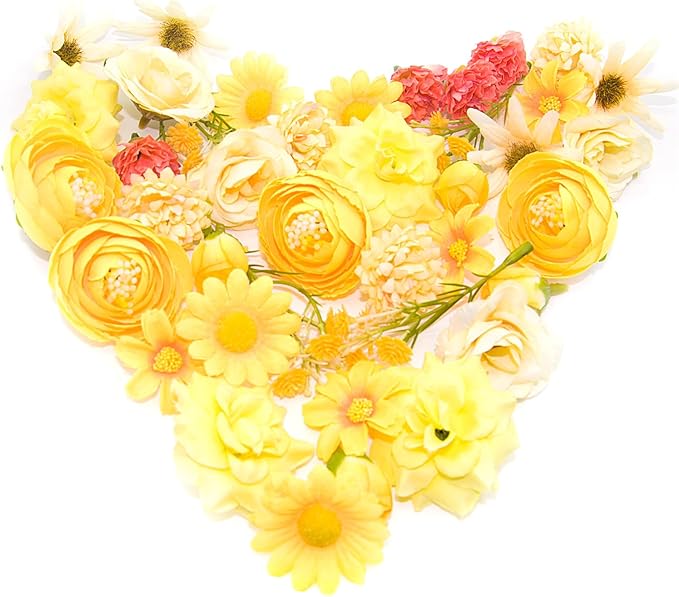 Fabric Flowers Heads for Craft, 40 Pcs Yellow Flowers Mini Fake Flowers Heads, Artificial Flowers Faux Daisy Fake Rose, Silk Flowers Artificial Daisy for Hair Decoration, Wreath Making, Scrapbooking
