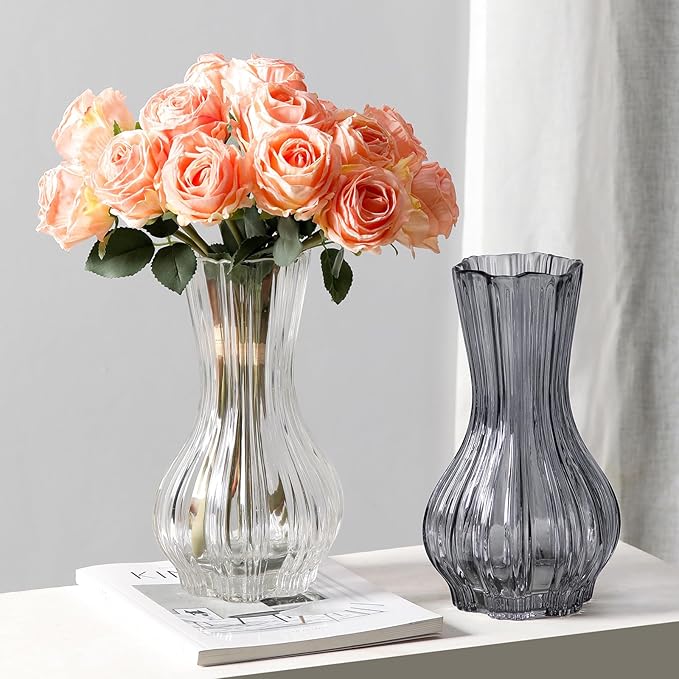 10" Decorative Modern Flower Vase for Floral Arrangements, Large Elegant Clear Glass Vase for Bouquet(Transparent) (Clear, 01)