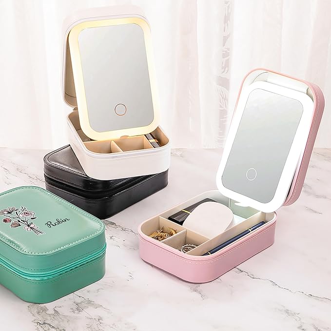 callie Personalized Birth Flower Jewelry Box with Mirror & LED 3 Adjustable Light, Custom Name - Travel Makeup Organizer Box, Birthday Christmas Gift for Women Girls