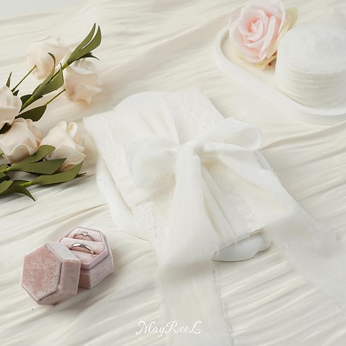 MAYREEL 2 Inch White Velvet Ribbon Hand Torn Snow White Silk Frayed Edge for Bridal Bouquets Invitations Wedding Vow Books Gift Baskets Hair Bows 3 Yards