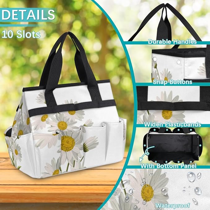 Floral Flower Daisy Garden Tool Tote Bag for Women Men Gardening Tool Storage Bags with 10 Pockets Standable Garden Home Tool Kits Organizer for Indoor Outdoor Gardening Gifts