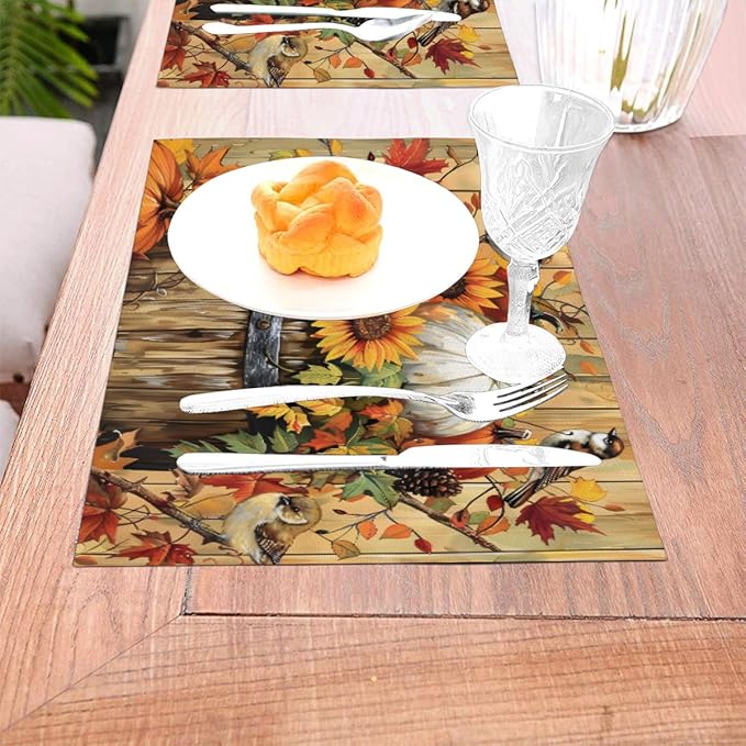 PVC Placemats Set of 4 Wipeable Table Mats Washable Heat Resistant Non Slip Vinyl Dining Table Mat for Kitchen Indoor Outdoor Patio Farmhouse Place Mats Retro Wooden Fall Bird Decorative