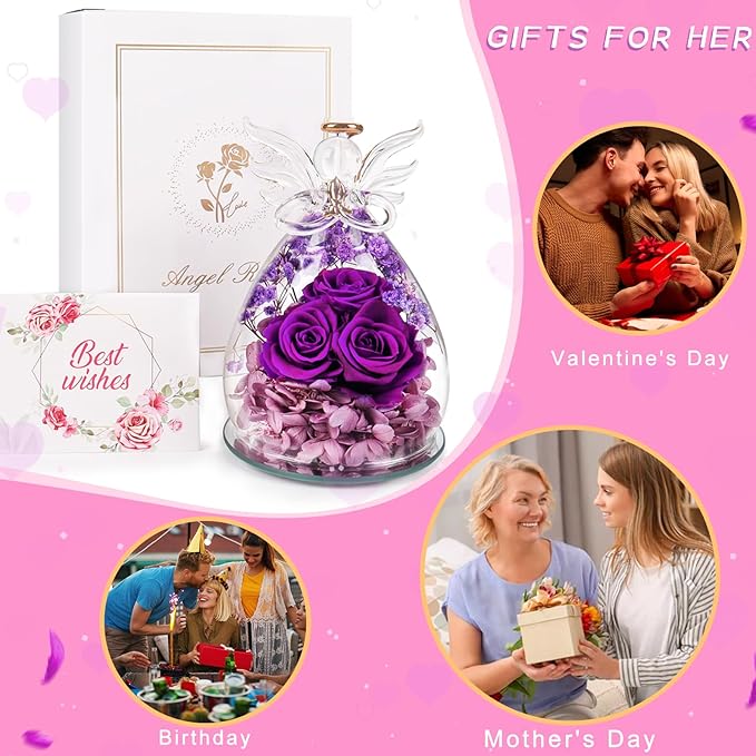 Beferr Christmas Birthday Gifts for Women, Mom Gifts for Christmas Fresh Flowers for Delivery Prime Forever Preserved Rose in Glass Angel Figurine Xmas Gifts for Grandma Wife Sister Her, Purple