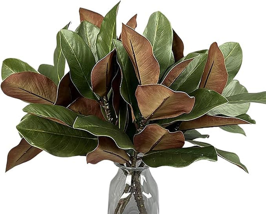 4 Artificial Magnolia Leaf Stems, Real Touch Fake Green Branches for Flower Arrangement, Centerpiece for Indoor and Outdoor Home Dining Tables, Wedding and Party Decorations(Green)