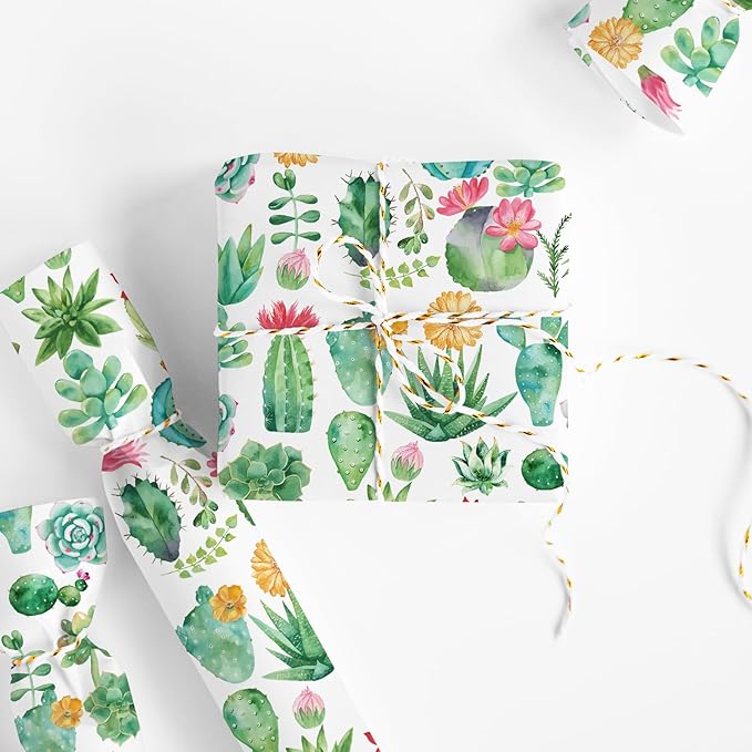 JarThenaAMCS Cactus Wrapping Paper -Mini Roll- 17 Inch x 32.8Ft Watercolor Succulent Plant Gift Wrap Paper Decorative Art Paper for Birthday Wedding DIY Crafts