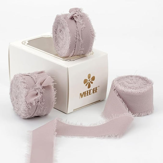 MEEDEE Dusty Rose Chiffon Ribbon 1 Inch Fringe Ribbons Pink Chiffon Silk Frayed Edge Ribbon Thin Chiffon Ribbons for Crafts, Gift Wrapping, Wedding Invitation (3 Rolls 21 Yards)