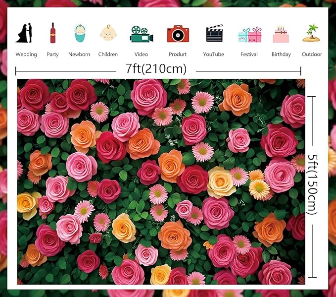 Flowers Backdrop for Photography Colorful Rose Floral Green Leaf Wall Backdrop for Valentine's Day Wedding Bridal Shower Birthday Party Decoration Supplies (82x59 inch (7x5FT))