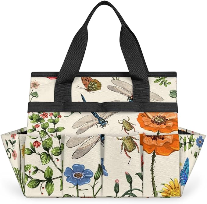 Garden Tool Tote Bag for Women Men Flower Butterfly Dragonfly Gardening Tool Storage Bags with 10 Pockets Standable Garden Home Tool Kits Organizer for Indoor Outdoor Gardening Gifts