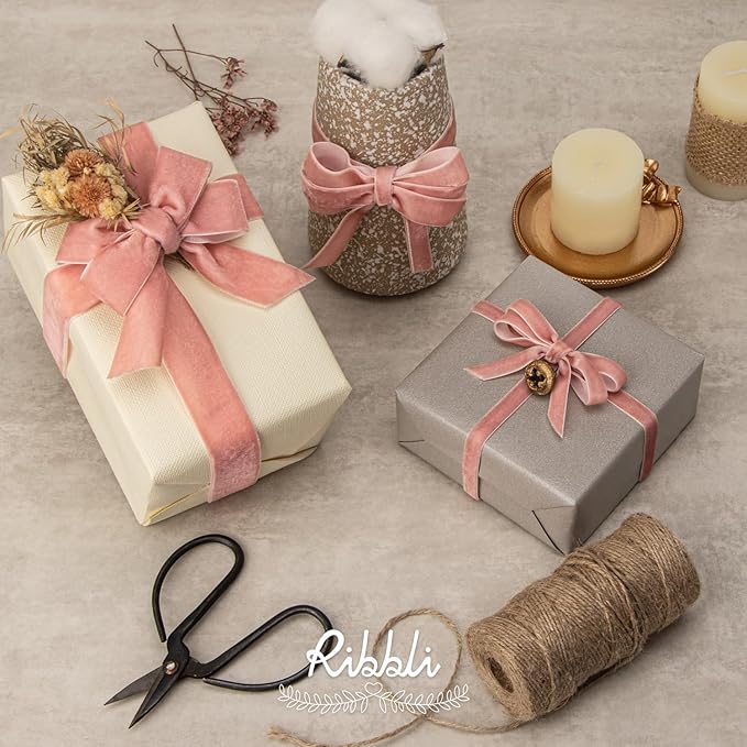 Ribbli Rose Gold Velvet Ribbon 3/8 Inches Continuous10 Yard Spool Dusty Pink Christmas Ribbon for Gift Wrapping Crafts Home Decor