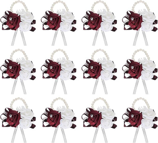 MECCANIXITY 12Pcs Wrist Corsage Artificial Flower Bracelets Rose Wrist Bride Groom Decorative for Wedding Ceremony Prom Party Anniversary Wine Red