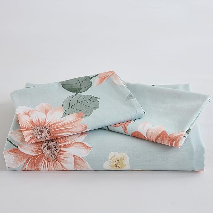 Blue Floral Duvet Cover King Size 100% Soft Cotton 3 Pieces French Country Chic Garden Style Luxury Blossom Floral Vibrant Pattern Reversible Flower Duvet Cover with Zipper Closure