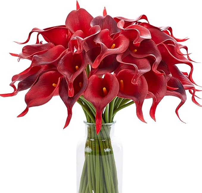SITUMEIZI 24 PCS Burgundy Artificial Calla Lily Fake Flowers Silk Flower Real Touch for Home Kitchen Decor Wedding Bouquet Office Decoration