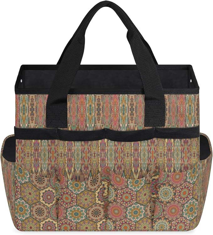 Ethnic Flowers Garden Tool Tote Bag for Women Men Gardening Tool Storage Bags with 10 Pockets Standable Garden Home Tool Kits Organizer for Indoor Outdoor Gardening Gifts