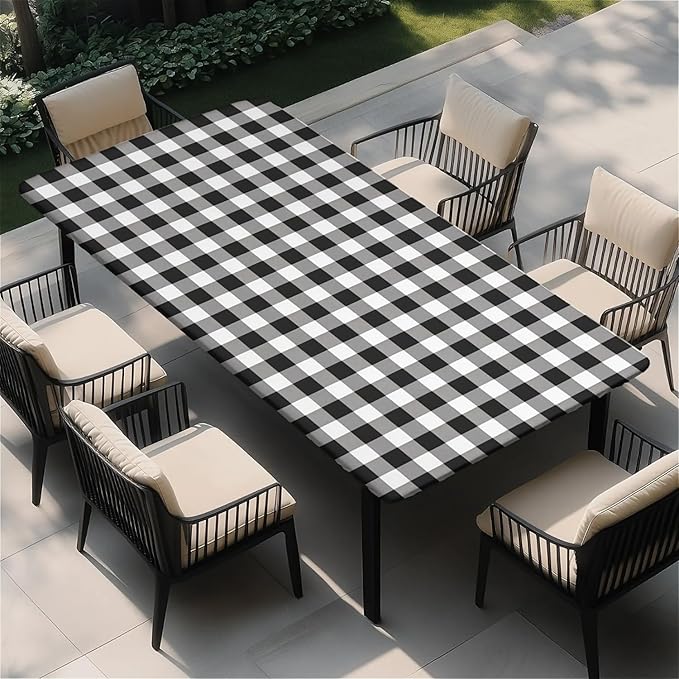 Rectangle Table Cloth Cover Waterproof Elastic Fitted Polyester Fitted Tablecloths for 4 Foot Tables for Indoor,Picnic, Camping, Outdoor （48" x 24"，Black Grid）