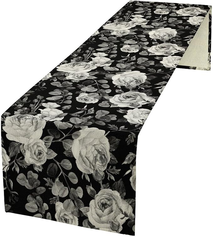 Vintage Black Flower Table Runner, Retro Roses Blossom Eucalyptus Plants Botanical Branches Dark Gothic Floral Table Runner for Home Party Indoor Outdoor Decor, 13x120inch