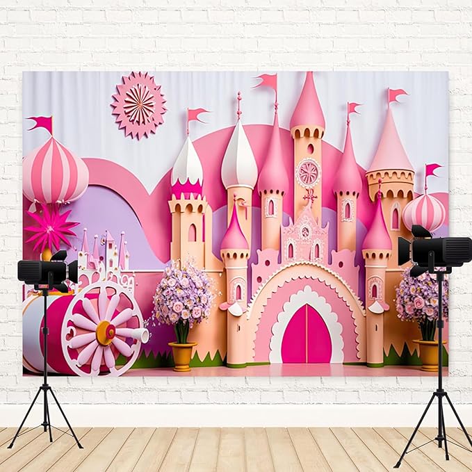 10x6.5ft Princess Castle Backdrop Pink Purple Floral Girl Birthday Photography Background Kids Birthdays Newborn Baby Shower Banner Decorations Wedding Party Portrait Photo Booth Prop