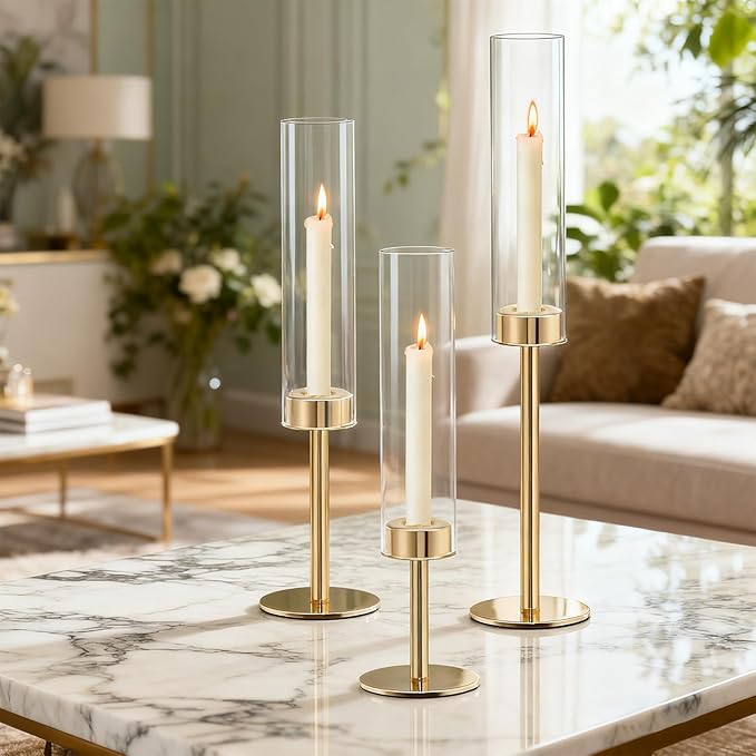 Rose Gold Taper Candle Holder Set, 3pcs Glass Hurricane Tall Candlestick Holders, Vintage Candelabra, Premium Gift Set for Home Decor Aesthetic, Birthday Parties, Weddings & Christmas Decorations