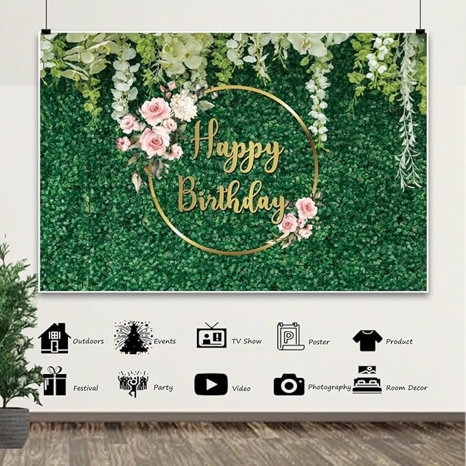9x6ft Happy Birthday Backdrop Green Grass Flowers Wall Greenery Green Leaves Nature Botanical Photography Background Birthday Party Anniversary Portrait Studio Photo Props Polyester