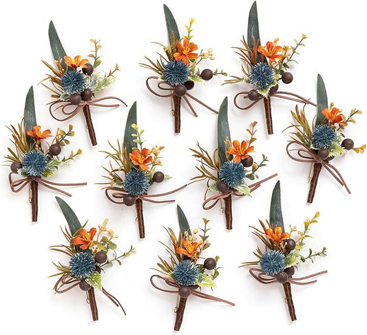 Ling's Moment Boutonniere for Men, 10pcs Groomsmen Guest Boutonniere, Artificial Flowers for Wedding Décor/Prom/Homecoming,etc.Dark Teal Orange