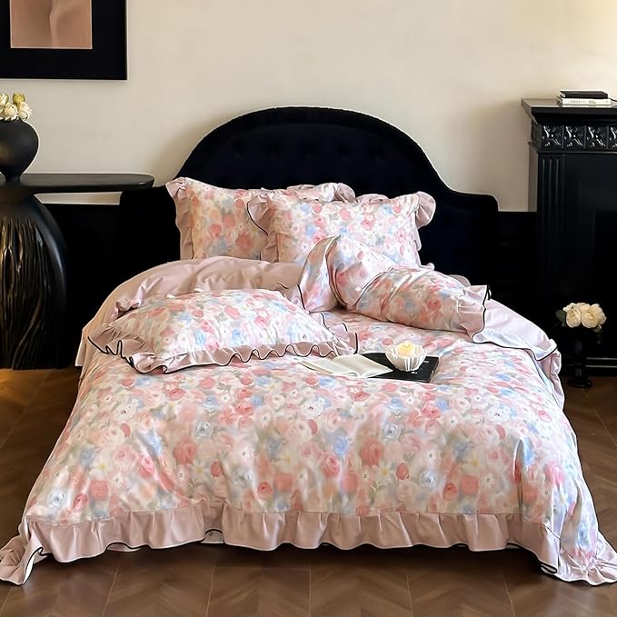 HighBuy Ruffle Duvet Cover Queen Size,Vintage Lace Floral Botanical 100% Brushed Cotton Bedding Set for Women Girls,Farmhouse Bedding Super Soft Comfortable Boho Chic Lightweight 3 Pieces