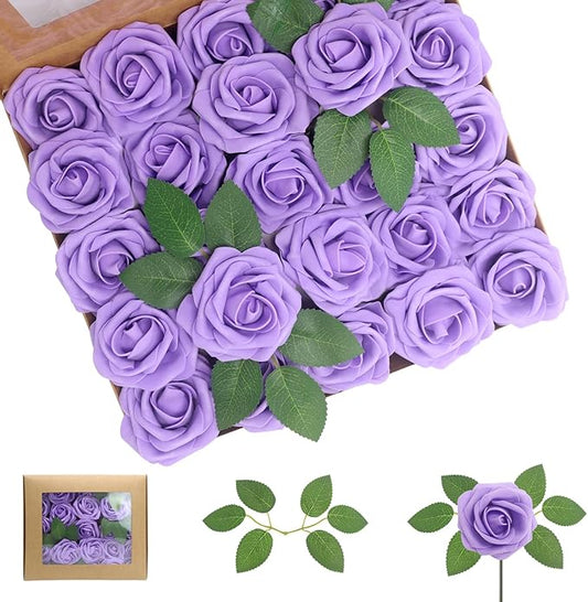 50PCS Artificial Flowers Purple Roses Real Looking Foam Fake Roses with Leaves and for DIY Wedding Bouquets Bridal Shower Centerpieces Party Decorations (Purple, 50)