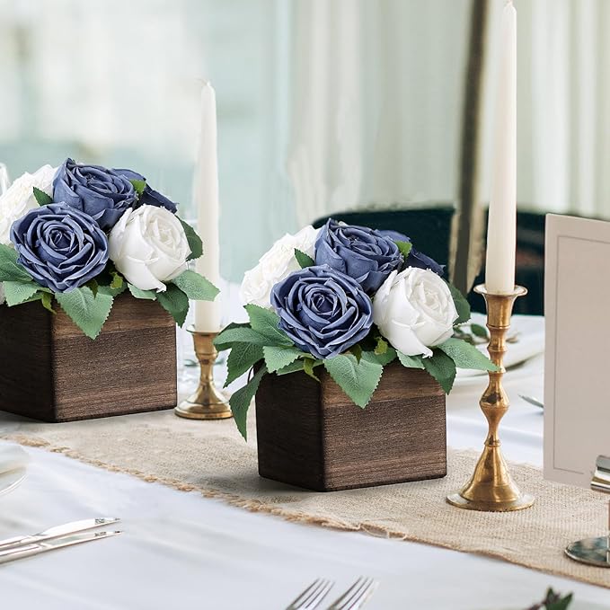 Dining Table Centerpiece Set of 3 - Pre-Made Aritifial Rose with Wooden Vase Fake Floral Arrangment Faux Flower for Wedding Bridal Tea Party Event Decorations - Navy Blue & White