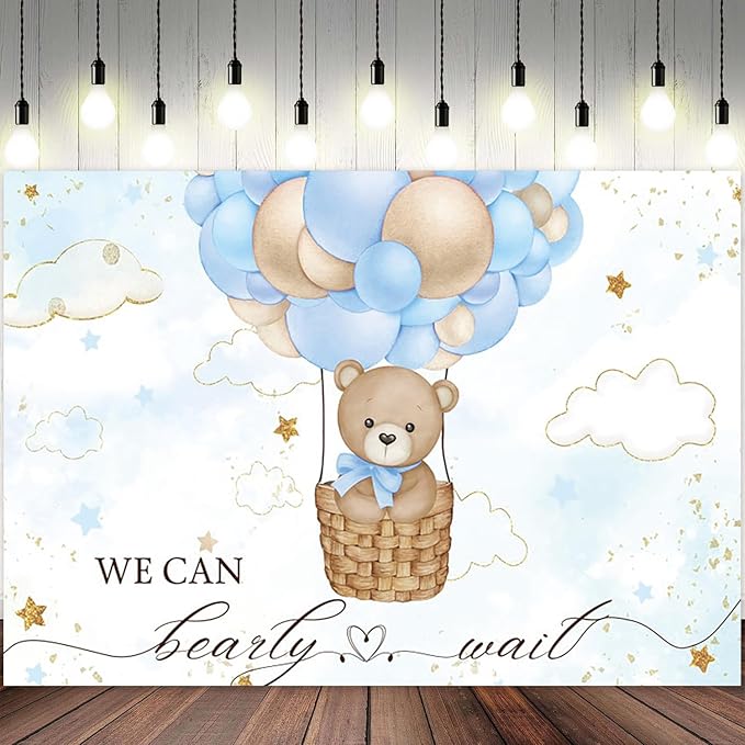 9x6ft Baby Shower Backdrop Bear Hot Air Balloon Photography Background Blue Brown Balloons White Cloud Glitter Gold Stars Birthday Party Banner Decorations Newborn Parties Photo Booth Prop